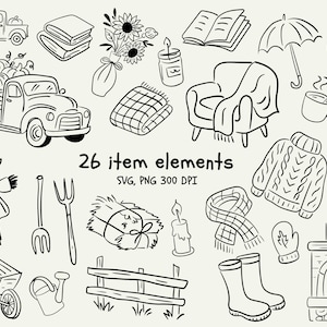 May include: Black and white line art illustration featuring 26 autumn-themed elements. Includes a truck with pumpkins, a scarecrow, a cozy armchair, a fireplace, and other seasonal items. The text reads "26 item elements SVG, PNG 300 DPI."