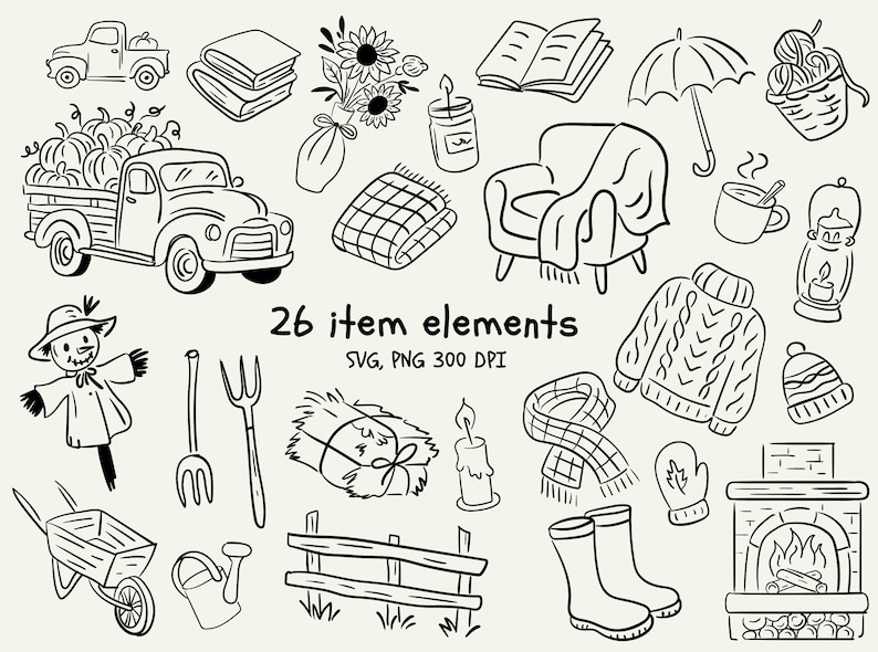 May include: Black and white line art illustration featuring 26 autumn-themed elements. Includes a truck with pumpkins, a scarecrow, a cozy armchair, a fireplace, and other seasonal items. The text reads "26 item elements SVG, PNG 300 DPI."