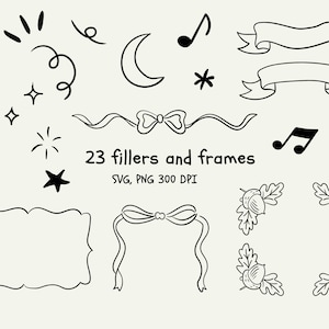 May include: A collection of 23 black and white vector graphic elements, including stars, swirls, a crescent moon, musical notes, ribbons, bows, and acorn and leaf corner designs. The text "23 fillers and frames" is also included.
