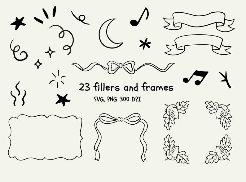 May include: A collection of 23 black and white vector graphic elements, including stars, swirls, a crescent moon, musical notes, ribbons, bows, and acorn and leaf corner designs. The text "23 fillers and frames" is also included.