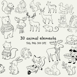 May include: Black and white illustration of 30 animal elements, including bears, deer, squirrels, and owls. The text "30 animal elements" is displayed. The image is labeled as SVG, PNG 300 DPI.