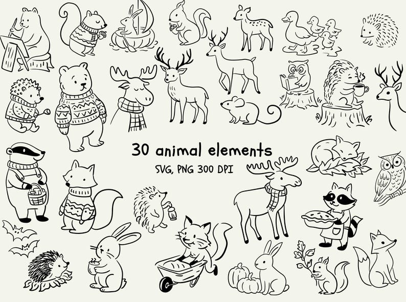 May include: Black and white illustration of 30 animal elements, including bears, deer, squirrels, and owls. The text "30 animal elements" is displayed. The image is labeled as SVG, PNG 300 DPI.