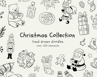 200+ Hand-Drawn Christmas Clipart | Winter Doodle Clipart Bundle | Whimsical Borders | Christmas Icons for Invitations | PNG SVG
