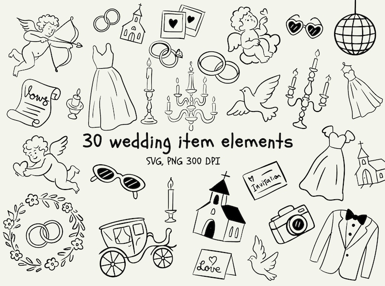 Wedding Doodles SVG & PNG Bundle | Hand Drawn Clipart | Floral, Food ...