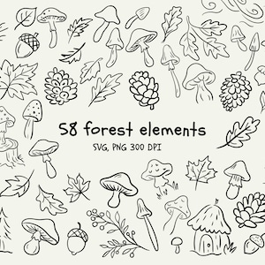 May include: Black and white line art of 58 forest elements, including mushrooms, leaves, acorns, pinecones, and trees. The text "58 forest elements" is displayed in the center, with "SVG, PNG 300 DPI" below it.