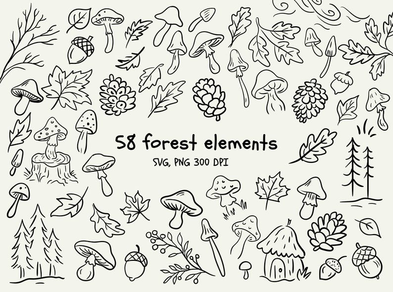 May include: Black and white line art of 58 forest elements, including mushrooms, leaves, acorns, pinecones, and trees. The text "58 forest elements" is displayed in the center, with "SVG, PNG 300 DPI" below it.