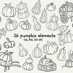 May include: Black and white line art of 26 pumpkin elements, including various shapes and sizes. Some pumpkins are stacked, others are in a wheelbarrow or crate. The text "26 pumpkin elements" is displayed.