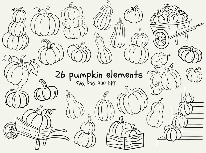 May include: Black and white line art of 26 pumpkin elements, including various shapes and sizes. Some pumpkins are stacked, others are in a wheelbarrow or crate. The text "26 pumpkin elements" is displayed.