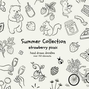 Lot de cliparts doodle d'été – plus de 150 illustrations de pique-nique dessinés à la main, nourriture, nature, fraises | Clipart Griffonnage | Griffonnages d'été SVG et PNG