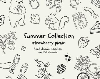 Summer doodle clipart bundle – 150+ Hand Drawn Picnic, Food, Nature, Strawberry Illustrations | Doodle Clipart | SVG & PNG Summer Doodles