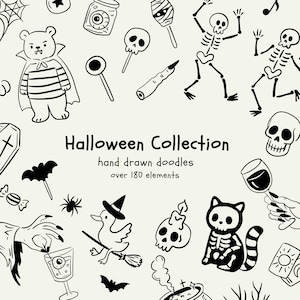 Whimsical Hand-Drawn Halloween Doodle Set | Cute spooky clipart | Halloween party illustrations | Halloween doodle animals | PNG SVG bundle