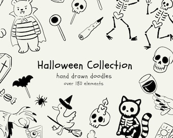 Whimsical Hand-Drawn Halloween Doodle Set | Cute spooky clipart | Halloween party illustrations | Halloween doodle animals | PNG SVG bundle