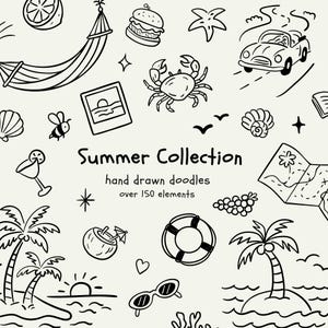 Pacchetto di clipart doodle estivi: oltre 150 illustrazioni disegnate a mano di viaggi, cibo, spiaggia e vita marina / Clipart doodle / SVG e PNG Doodle estivi