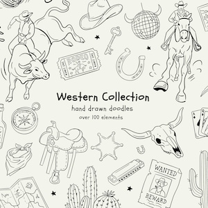 Può includere: Una collezione di scarabocchi disegnati a mano in bianco e nero con icone a tema western, tra cui un cavaliere di tori, un cowboy a cavallo, un biglietto per il rodeo, un ferro di cavallo, una stella da sceriffo, un teschio, un cactus e un'armonica con il testo Western Collection hand drawn doodles.