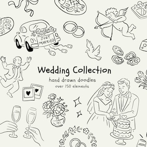Bruiloftskrabbels SVG- en png-bundel | Handgetekende clipart | Bloemen, eten, strikken, lijsten | Doodles voor huwelijksuitnodigingen, bruidsuitnodigingen, menu