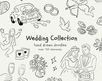 Paquete de imágenes prediseñadas SVG y PNG para bodas / Imágenes prediseñadas dibujadas a mano / Flores, comida, lazos, marcos / Dibujos para invitaciones de boda, invitaciones nupciales, menú