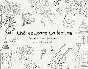 Whimsical Châteaucore clipart bundle | Rose & Peony clipart | Summer botanical cottagecore doodles |  clipart for crafts wedding stationery