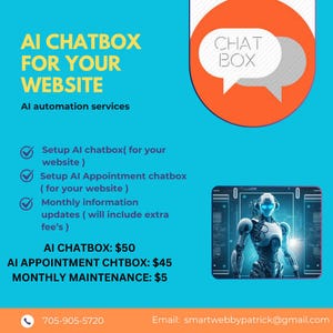 Puede incluir: Un gráfico azul y naranja con el texto "CHAT BOX" en un globo de diálogo. El texto "AI CHATBOX PARA TU SITIO WEB" está en una fuente grande. Debajo del texto hay una lista de servicios ofrecidos: "Configurar AI chatbox (para tu sitio web)", "Configurar AI Appointment chatbox (para tu sitio web)", "Actualizaciones mensuales de información (se incluirán tarifas adicionales)". Los precios de cada servicio se enumeran a continuación: "AI CHATBOX: $50", "AI APPOINTMENT CHTBOX: $45", "MAINTENANCE MENSUELLE: $5". Un número de teléfono y una dirección de correo electrónico se enumeran en la parte inferior del gráfico.