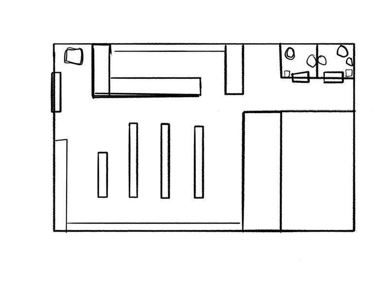 May include: Black and white line drawing of a floor plan for a building with multiple rooms. The plan shows a large open space with several smaller rooms off to the side.