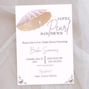 A Little Pearl Is On The Way Baby Shower Invitation Template, A Little Pearl Theme Baby Shower Invitation Template, Editable Themed Invite