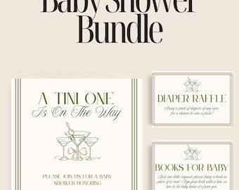 Könnte beinhalten: Ein editierbares Babyparty-Bundle mit Martini-Thema. Die Einladung lautet "A Tini One Is On The Way" und enthält Details für Nicole Smiths Party. Enthält Windel-Tombola- und Buch-für-Baby-Karten. Bearbeiten in Canva.