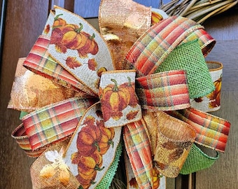 Fall Wreath Bow: Pumpkin Ribbon, Burlap & Gold Leaf - 12" Thanksgiving Decor