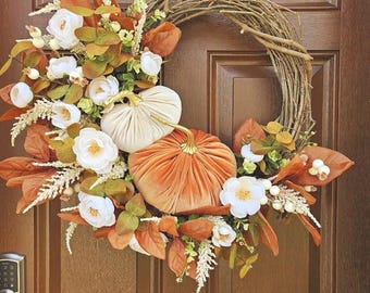 Velvet Pumpkin Fall Wreath: Magnolia Leaves & Ranunculus, Autumn Door Decor
