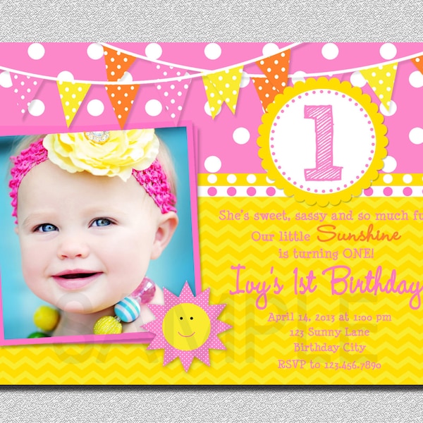 Sunshine 1st Birthday Invitation, Sunshine  Birthday Invitation, Girls Sunshine Invitation, Sunshine Birthday Party, 1st Birthday Invitation