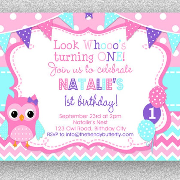 Pink Purple Turquoise Owl Invitation, Girls Owl Birthday Invitation , Owl 1st birthday Invitation , 2nd Birthday , Printed Party Invitations