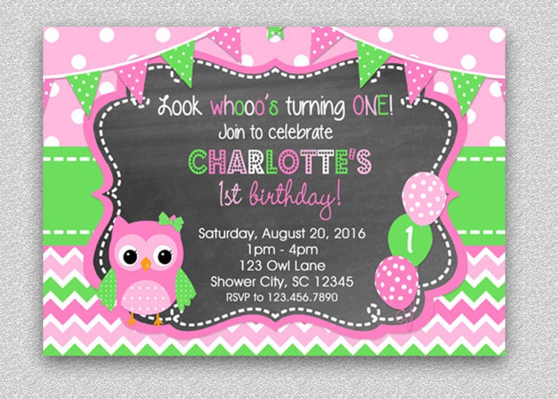 Owl Birthday Invitation , Girls Owl Invitations, 1st Birthday Owl Party, Pink and Green Owl Birthday Party, Printed Invitations , Printed image 2