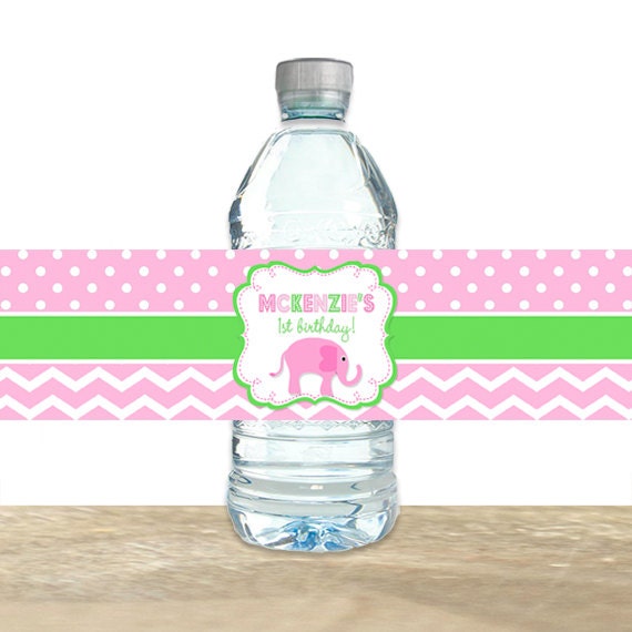 Elephant Water Bottle Labels, Elephant Birthday Water Bottle Labels, Girls 1st Birthday Water Labels, Printable or Printed Labels Il_570xn