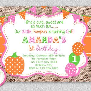 Fall Pumpkin 1st Birthday Invitation , Fall 1st Birthday Party Invitation, Burlap Birthday Invitation, Girls Burlap Birthday Invitation image 1