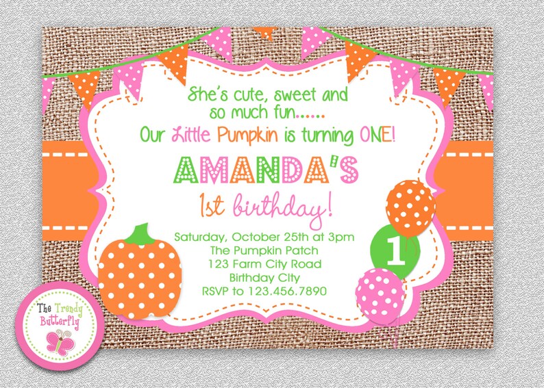 Fall Pumpkin 1st Birthday Invitation , Fall 1st Birthday Party Invitation, Burlap Birthday Invitation, Girls Burlap Birthday Invitation image 1