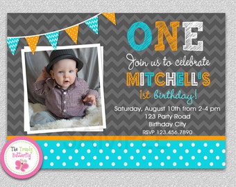 Boys 1st Birthday Invitation, Chevron Polka Dot Birthday Invitation, Boys Birthday Invitation, Orange, Turquoise Invitation,