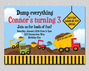 Verjaardagsuitnodiging bouwtruck, dumptruckfeest (afdrukbaar)