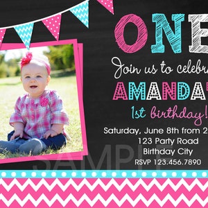 Girls 1st Birthday Invitation , Chevron 1st Birthday Party Invitation, Pink and Turquoise Birthday Invitation, Girls Birthday Invitation image 2