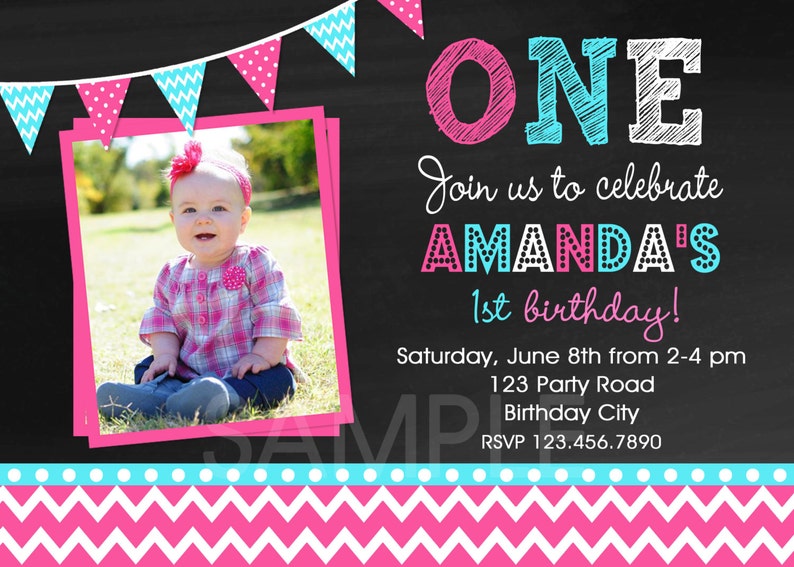 Girls 1st Birthday Invitation , Chevron 1st Birthday Party Invitation, Pink and Turquoise Birthday Invitation, Girls Birthday Invitation image 2