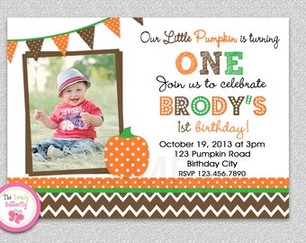 Fall  Birthday Invitation , Fall Pumpkin Birthday Party Invitation Boys or Girls