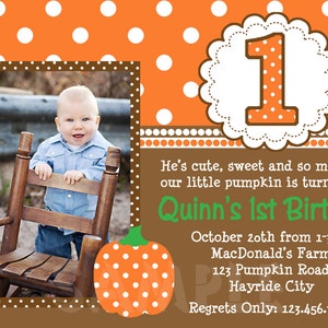 Fall Pumpkin Birthday Invitation, Pumpkin 1st Birthday Party Invites, Printable Boys or Girls image 2