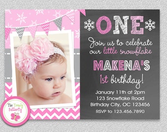 Snowflake Winter Pink Birthday Invitation,  Snowflake Birthday Invitation, Girls Snowflake nvit