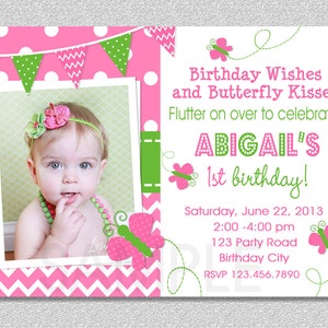 Butterfly Birthday Invitation, Butterfly Invitation, Girl Birthday Invitation, Butterfly Kisses, Butterfly Photo Invitation, 1st Birthday image 1