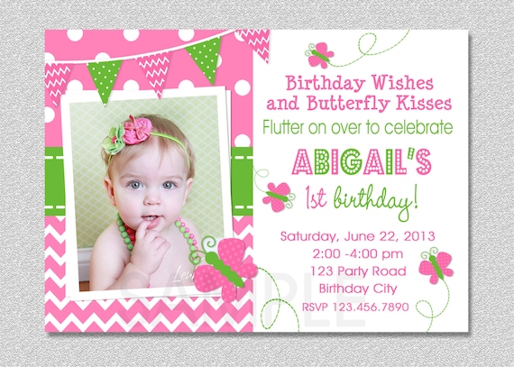 Butterfly Birthday Invitation, Butterfly Invitation, Girl Birthday Invitation, Butterfly Kisses, Butterfly Photo Invitation, 1st Birthday Il_570xn