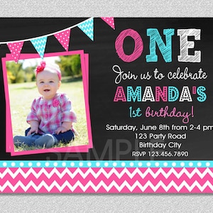 Girls 1st Birthday Invitation , Chevron 1st Birthday Party Invitation, Pink and Turquoise Birthday Invitation, Girls Birthday Invitation image 1