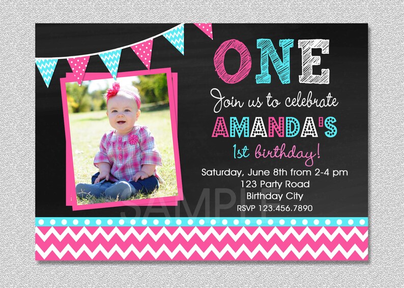 Girls 1st Birthday Invitation , Chevron 1st Birthday Party Invitation, Pink and Turquoise Birthday Invitation, Girls Birthday Invitation image 1