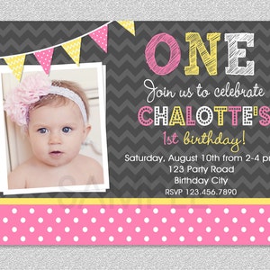 Pink and Yellow Birthday Invitation, Girls 1st Birthday Invitation, Childrens Birthday Invitations, Girls 1st Birthday, Printed Inviations