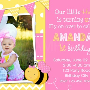 Pink Bumble Bee Birthday Invitation , Bumble Bee 1st Birthday Invitation Printable image 2