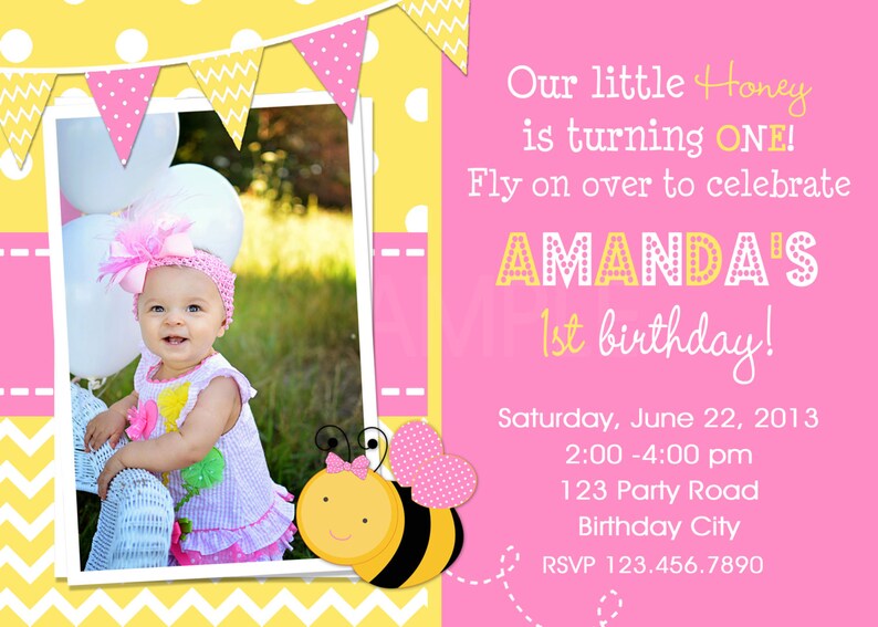 Pink Bumble Bee Birthday Invitation , Bumble Bee 1st Birthday Invitation Printable image 2