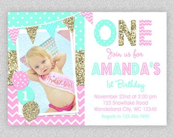 Pink and Gold Birthday Invitation, Pink and Gold 1st Birthday Invitation, Girls Birthday Party,Printed Invitation, Gold 1st Birthday Party