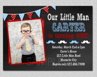 Little Man Birthday Invitation, Bow Tie Mustache Party (Printable)