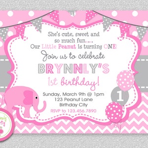 Elephant Birthday Invitation, Elephant 1st Birthday Party, Pink Elephant Invitation, Girls Elephant Invitation, Elephant 1st Birthday image 3